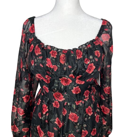Altard State Floral Puff Long-Sleeve Mini Dress XS Black & Red - Picture 10 of 14